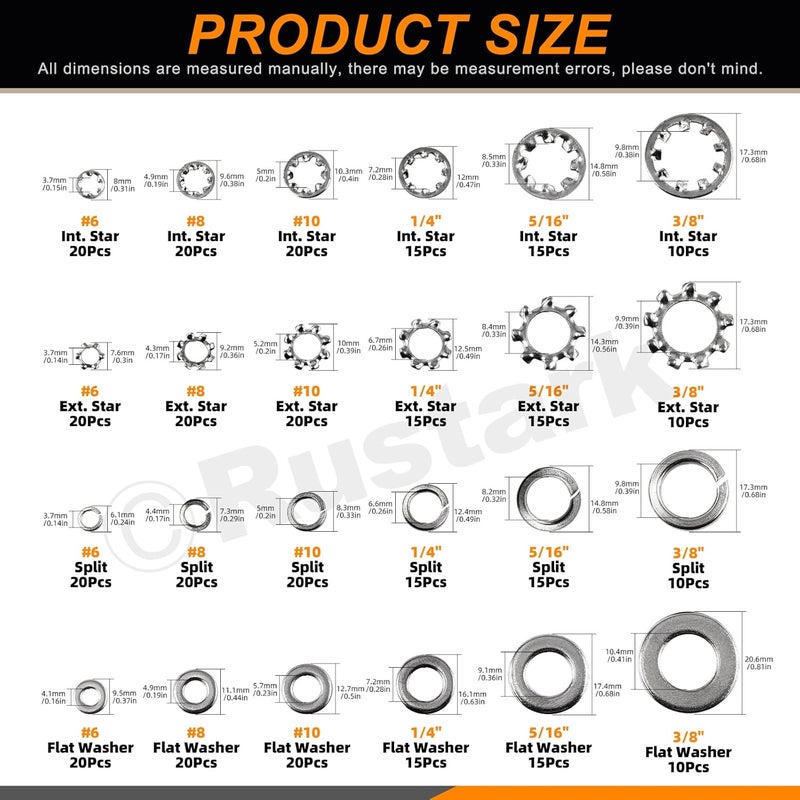 Rustark 400Pcs 6 Sizes 304 Stainless Steel SAE External & Internal Star Washers & Split Lock Washers & Flat Washer Assortment Kit Spring Lock Washer for Home Industry Construction - Image 2